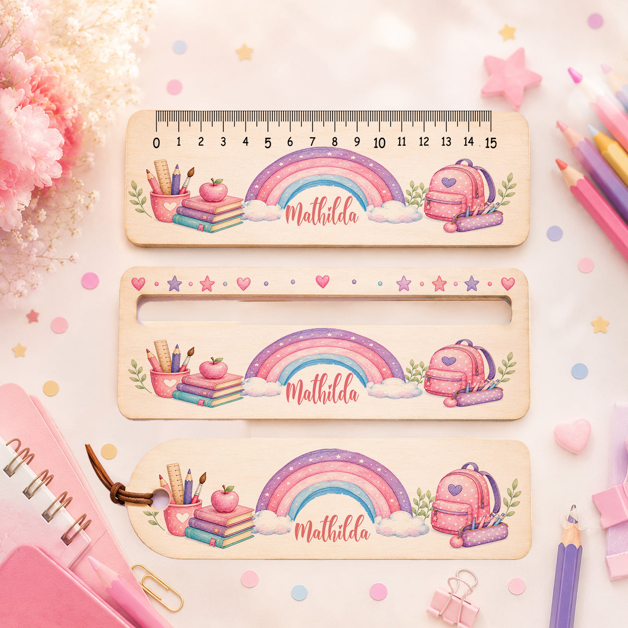 Personalisierte Lesehilfe aus Holz mit rosa Regenbogen, Büchern, Schulranzen und Wunschname. Holz-Lineal, Lesezeichen und Lesehilfe als Einschulungsgeschenk für Mädchen.