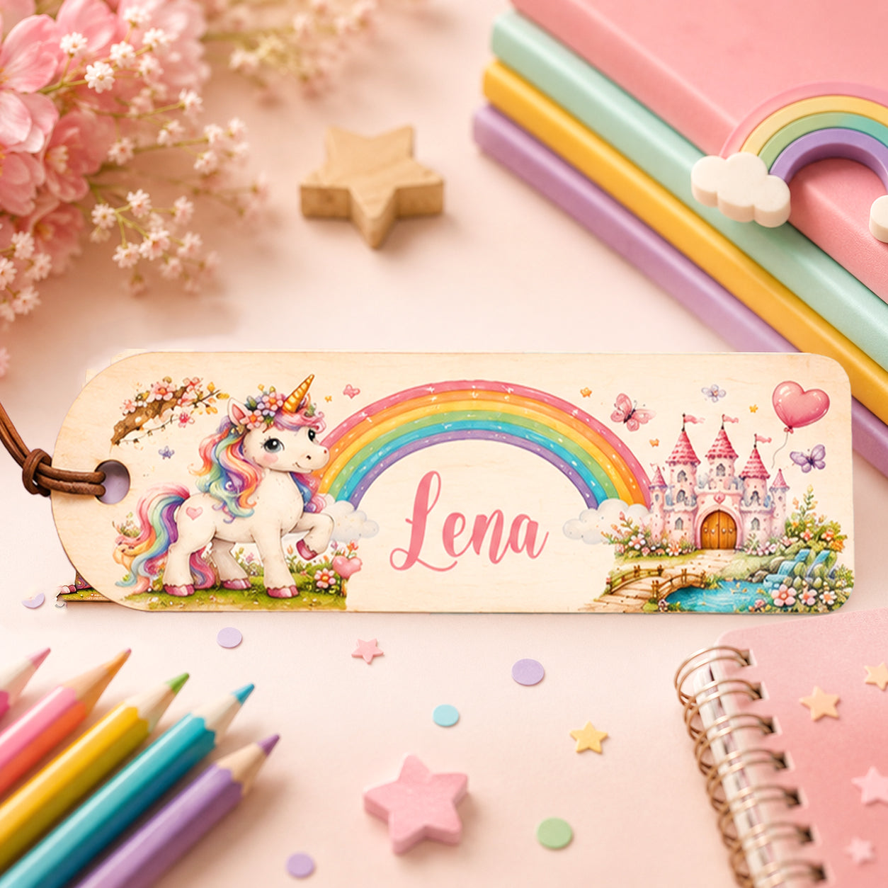 Personalisiertes Lesezeichen aus Holz mit Einhornmotiv und Namen. Individuelles Einschulungsgeschenk für kleine Leseratten, perfekt für Schulanfänger und die erste Klasse.