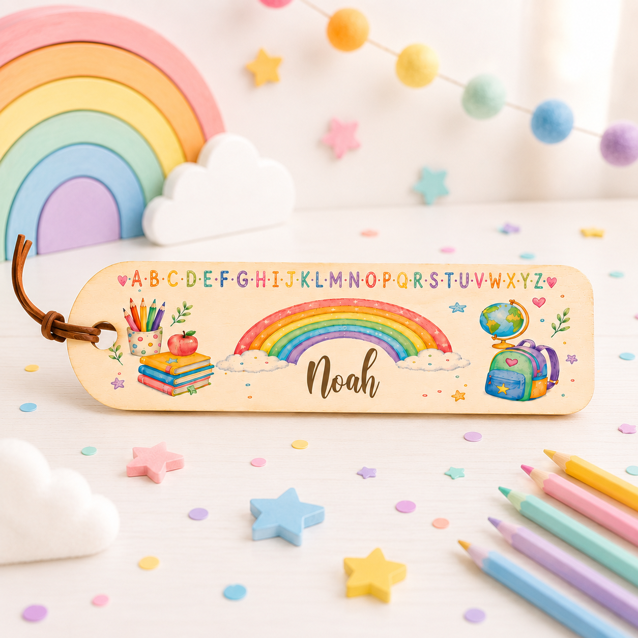 Personalisiertes Holz-Lesezeichen mit Regenbogen und Name. Individuelles Geschenk zur Einschulung für kleine Leserinnen und Leser sowie Schulanfänger.