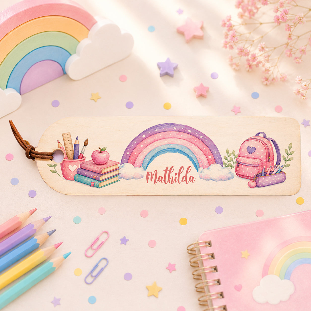 Personalisiertes Holz-Lesezeichen mit rosa Regenbogen und Name. Liebevolles Geschenk zur Einschulung für kleine Leserinnen und Schulanfängerinnen.