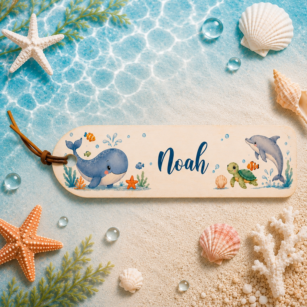Personalisiertes Holz-Lesezeichen mit Wal, Delfin und Wunschname. Liebevolles Geschenk für kleine Meeresfans zur Einschulung.