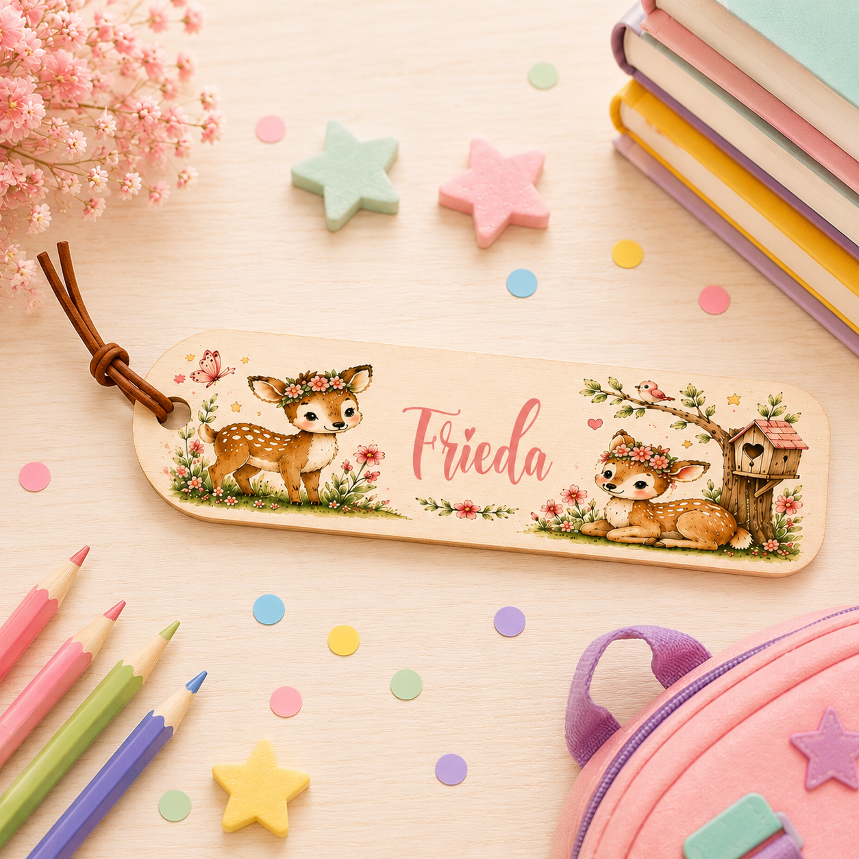Personalisiertes Holz-Lesezeichen mit Reh-Motiv und Namen. Hochwertiges Lesezeichen für kleine Bücherfreunde und Schulanfänger.
