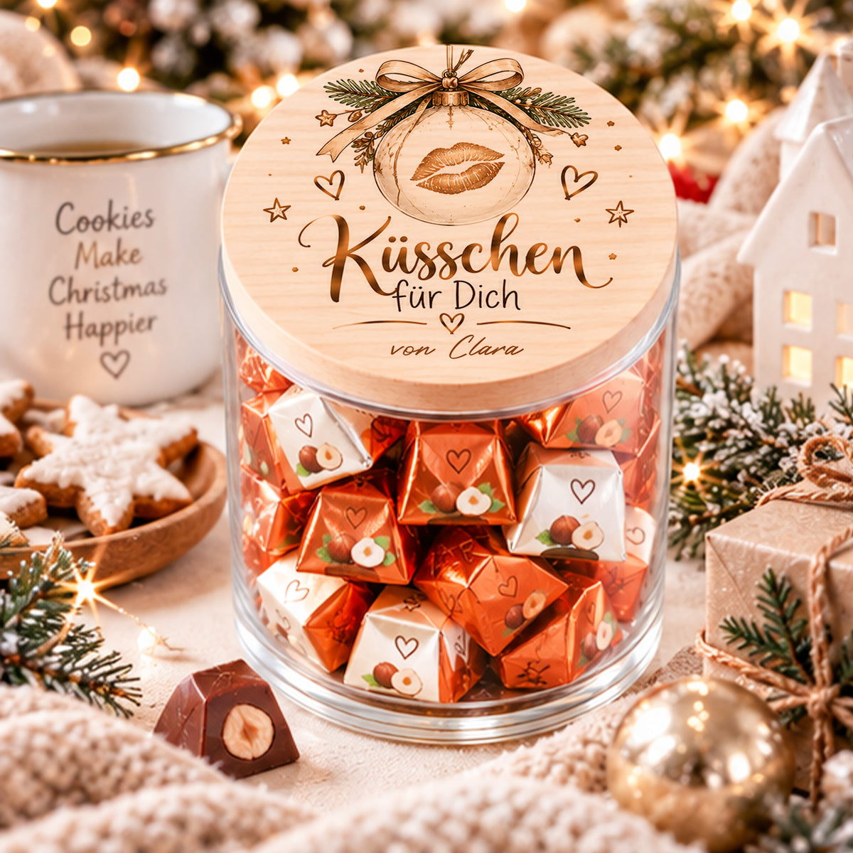 Persönliches Weihnachtsgeschenk mit Namen – Küsschen für Dich Vorratsglas mit Weihnachtskugel