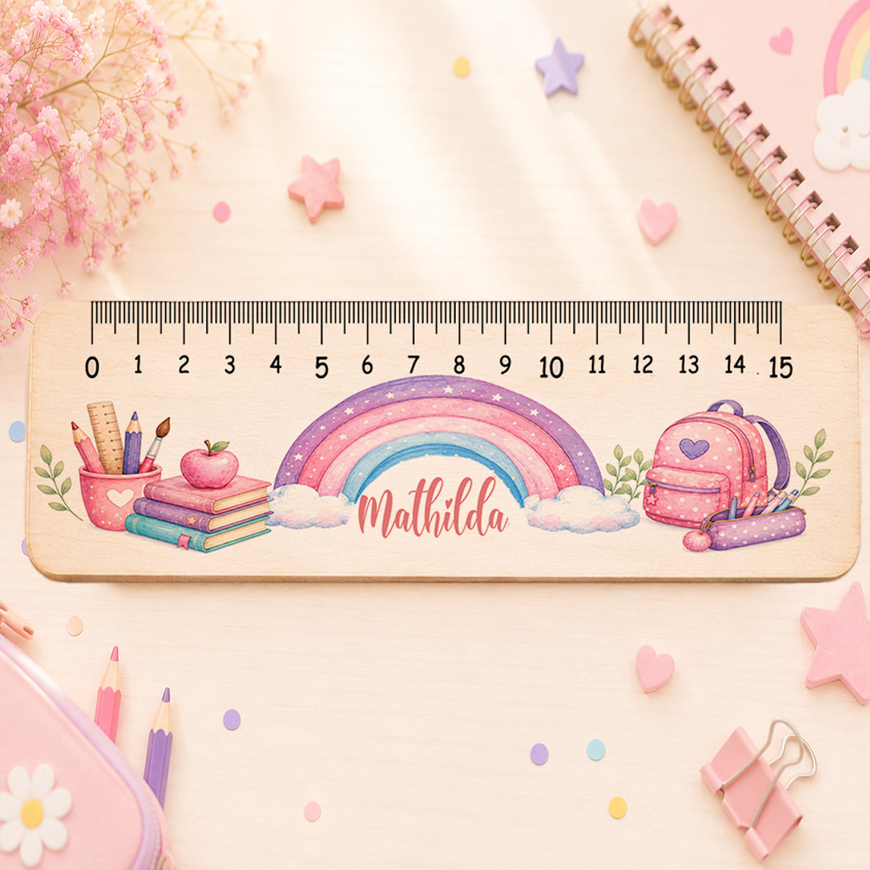 Personalisiertes Holzlineal mit rosa Regenbogen und Name. 18 cm langes Lineal mit 15 cm Skala als individuelles Schulzubehör für Mädchen zur Einschulung.