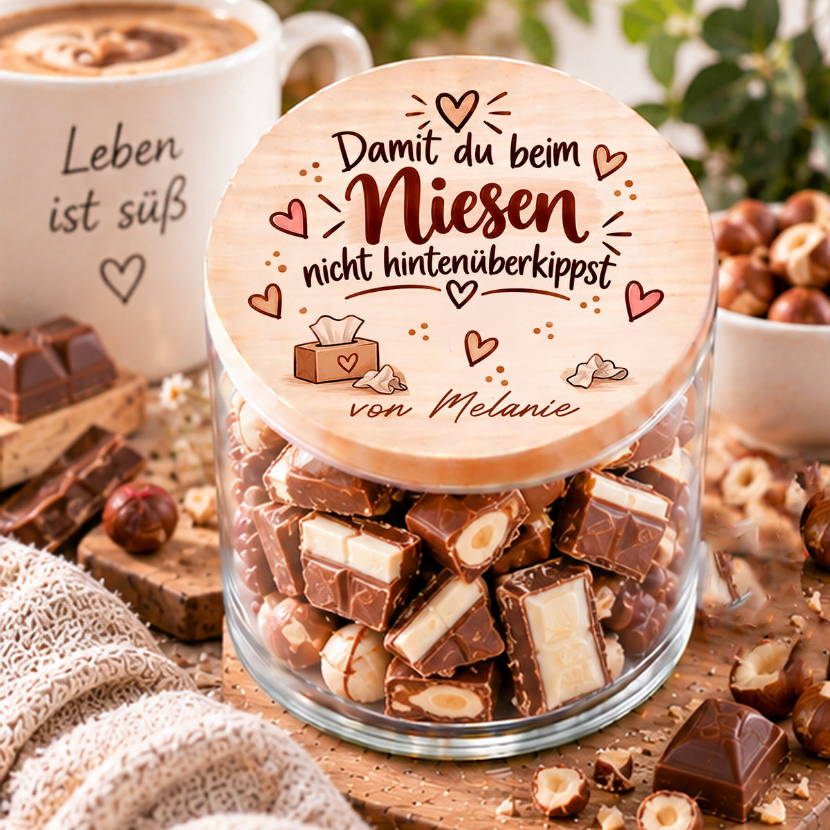 Personalisiertes Naschglas mit Schokolade und Holzdeckel mit Spruch Damit du beim Niesen nicht hintenüberkippst
