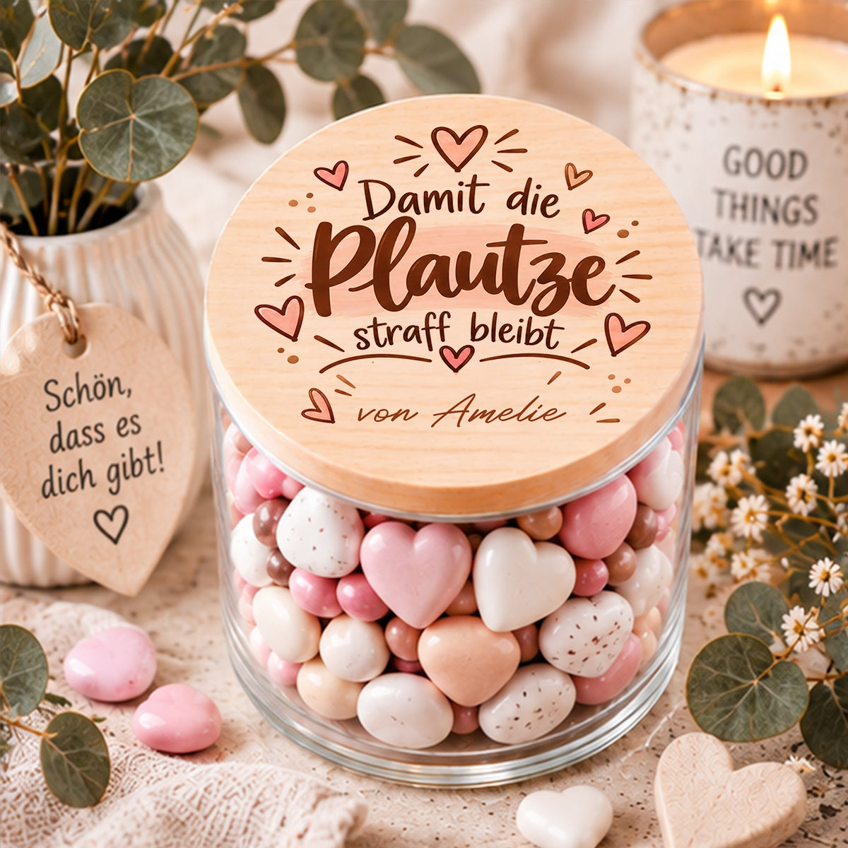 Lustiges Geschenk mit Namen – personalisiertes Vorratsglas mit Spruch Damit die Plauze straff bleibt
