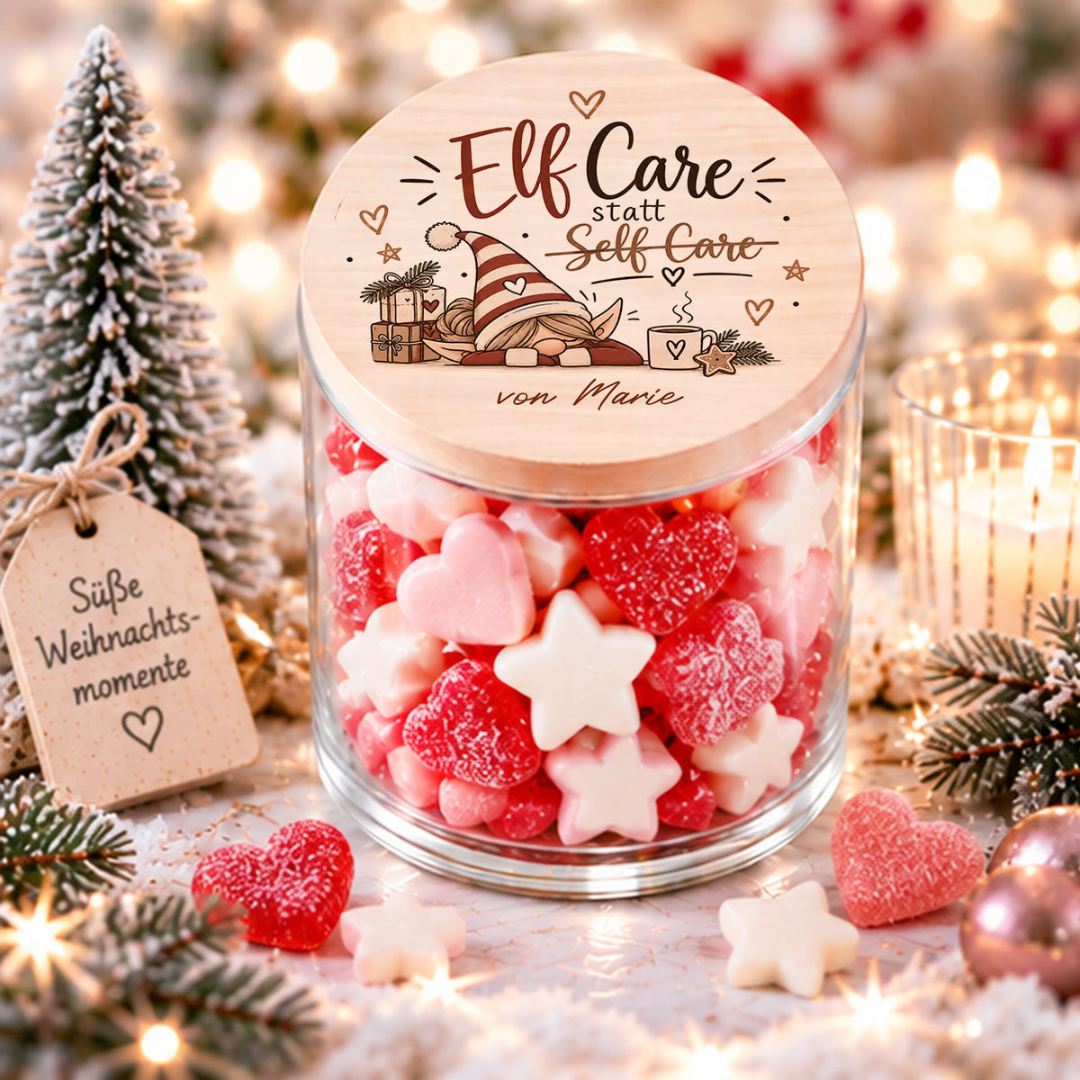 Personalisiertes Weihnachtsgeschenk mit Holzdeckel und Spruch Elf Care statt Self Care