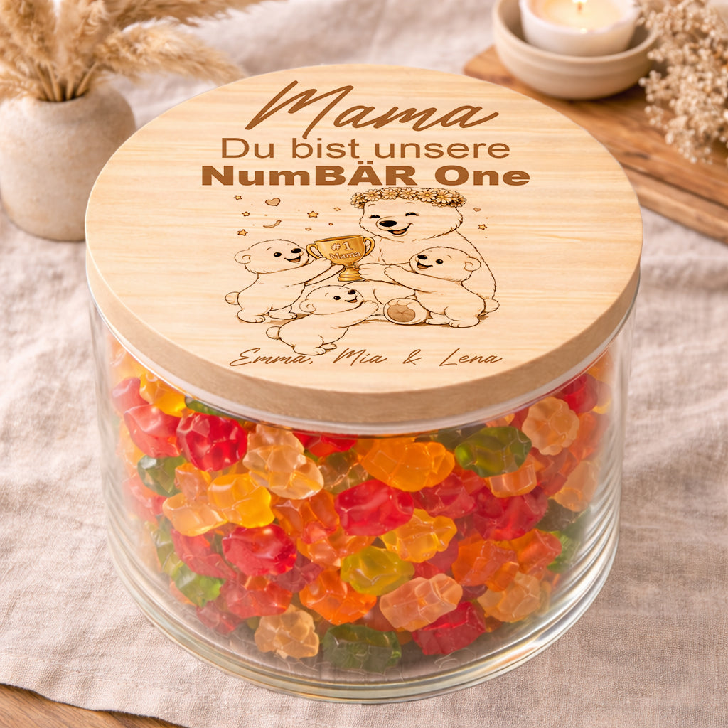 Mama Geschenk von 3 Kindern personalisiert Vorratsglas NumBÄR One mit Namen