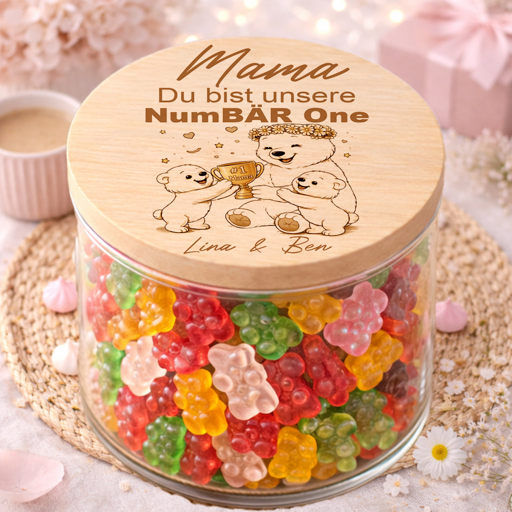 Mama Geschenk von Kindern personalisiert Vorratsglas NumBÄR One mit zwei Namen