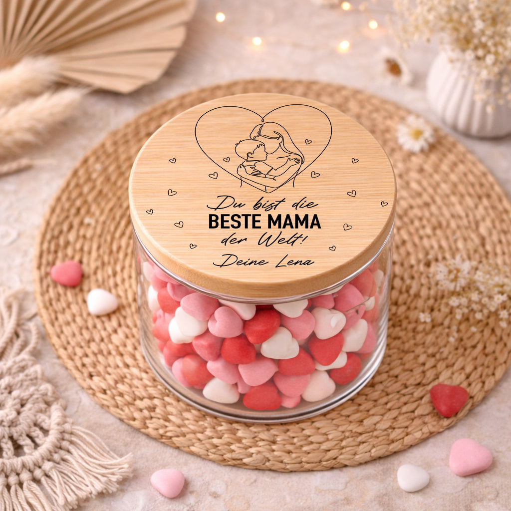 Personalisiertes Vorratsglas Mama mit Spruch „Beste Mama der Welt“ und Name – emotionales Geschenk für Muttertag oder Geburtstag