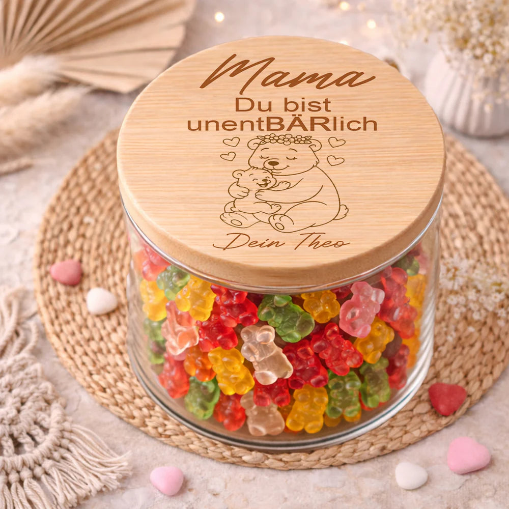 Personalisiertes Vorratsglas Mama Geschenk „Du bist unentBÄRlich“ mit Mama und Kind Bär Motiv