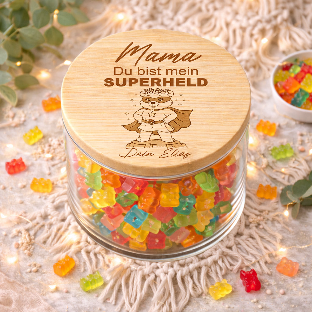 Muttertagsgeschenk personalisiert Mama Geschenk Mama du bist unentBÄRlich Geschenk für Mama Vorratsglas Gummibärchen Geburtstag Muttertag Superheld