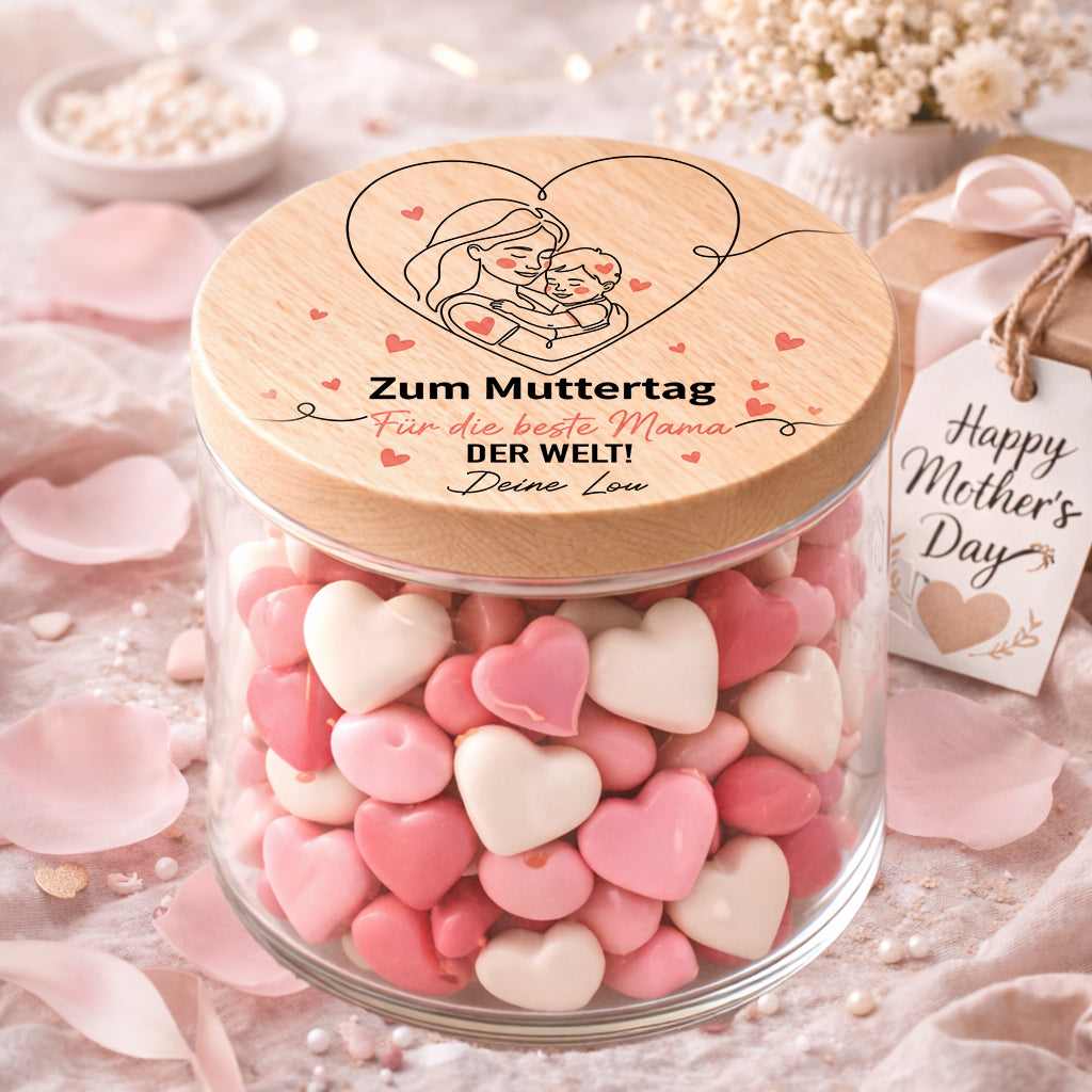 Personalisiertes Vorratsglas zum Muttertag mit Herzmotiv und Namen – liebevolles Geschenk für Mama