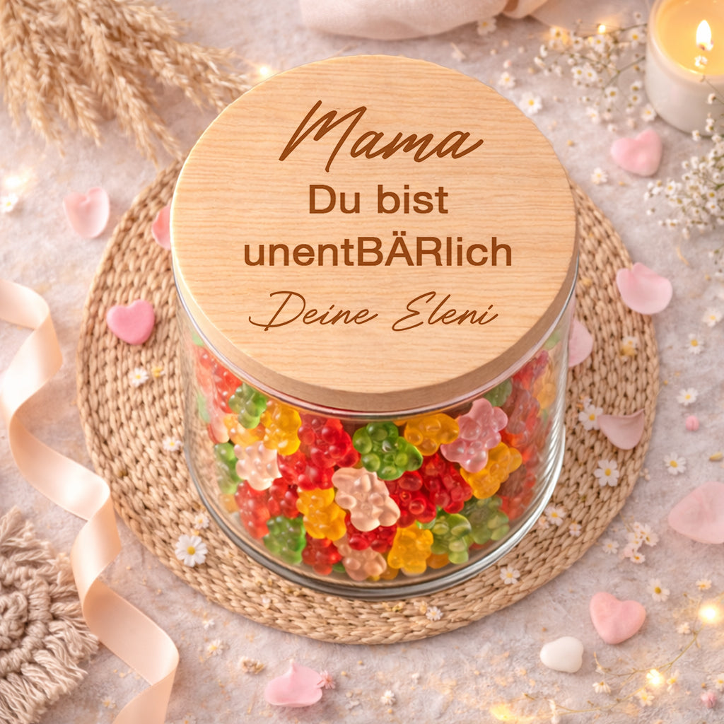 Mama du bist unentBÄRlich Muttertagsgeschenk personalisiert Vorratsglas Geschenk für Mama Geburtstag mit Name Süßigkeiten Glas Gummibärchen
