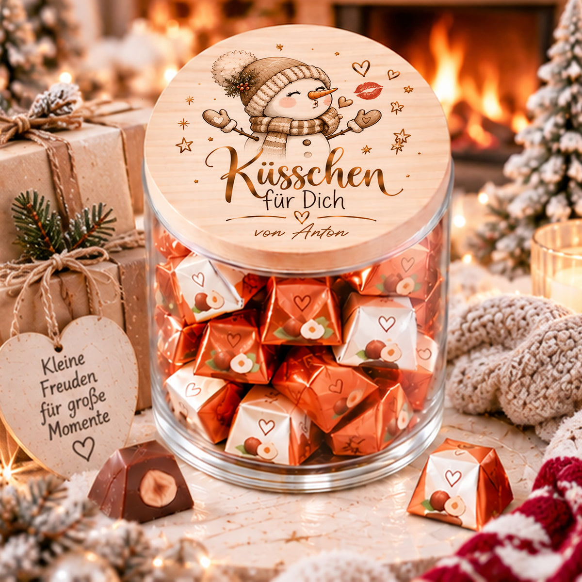 Personalisiertes Naschglas zu Weihnachten mit Küsschen für Dich Schneemann und Namen