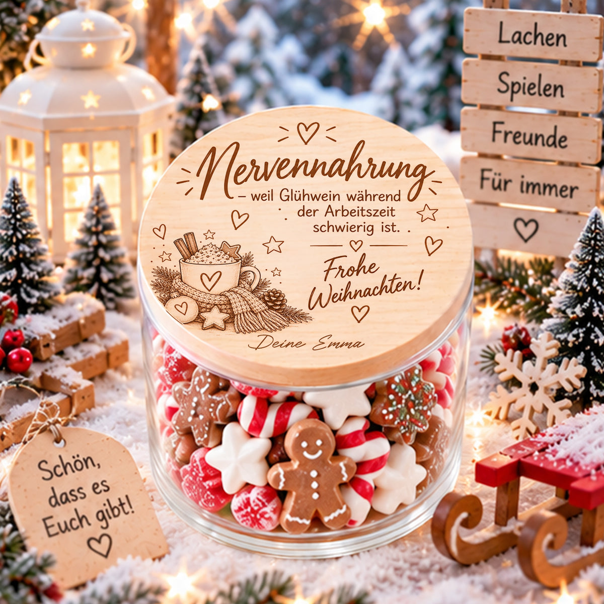 Nervennahrung als lustiges Weihnachtsgeschenk für Erzieherin und Kita-Team mit personalisiertem Holzdeckel