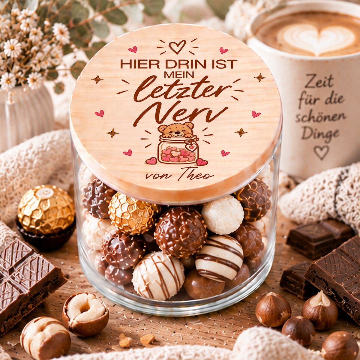 Personalisiertes Nervennahrung Glas mit Holzdeckel, Spruch Hier drin ist mein letzter Nerv