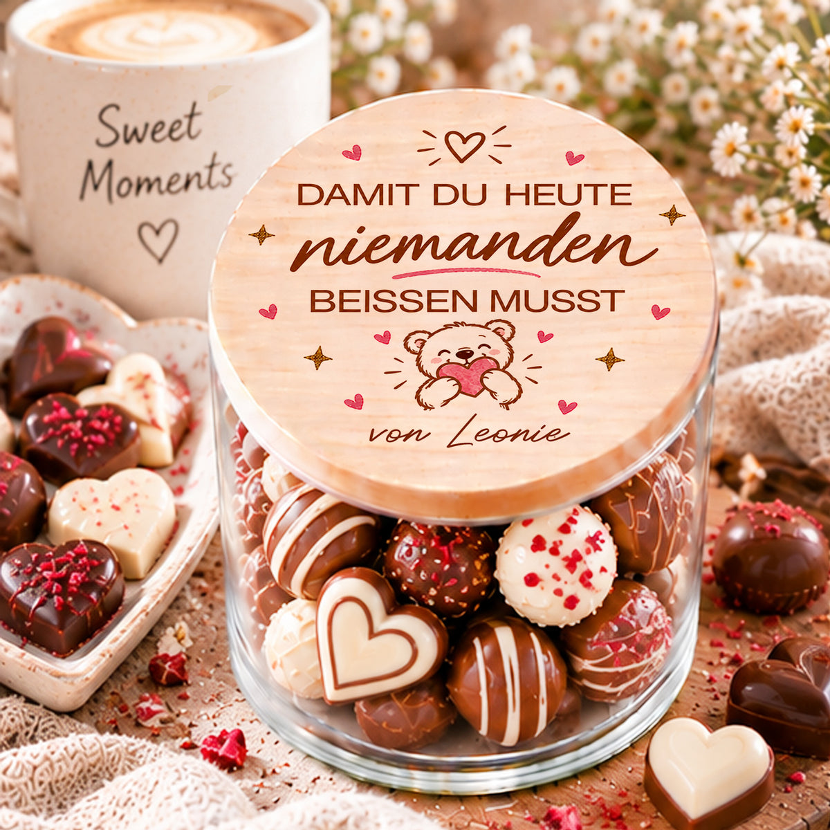 Personalisiertes Nervennahrung Geschenk als Vorratsglas mit Holzdeckel, Teddybär und Spruch Damit du heute niemanden beißen musst
