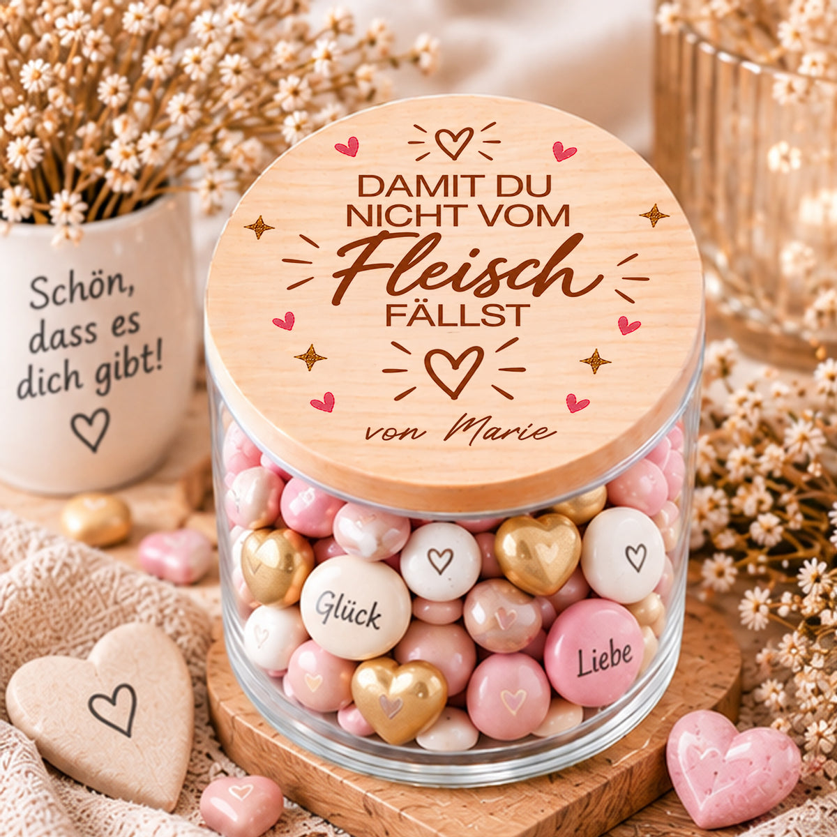 Personalisiertes Süßigkeitenglas mit Holzdeckel und Spruch Damit du nicht vom Fleisch fällst als lustiges Geschenk für Naschkatzen