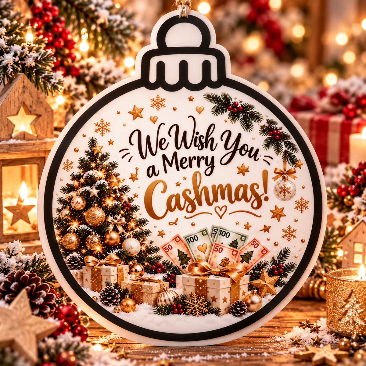 Weihnachts-Schüttelkarte mit Spruch We Wish You a Merry Cashmas
