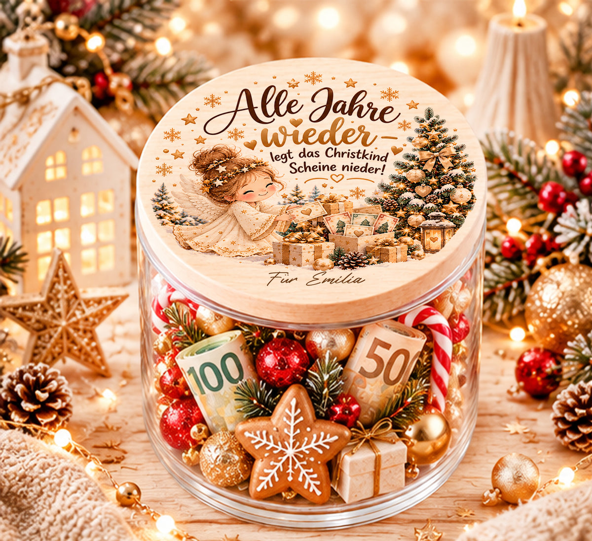 Personalisiertes Geldgeschenk zu Weihnachten im Glas mit Christkind und Spruch Alle Jahre wieder