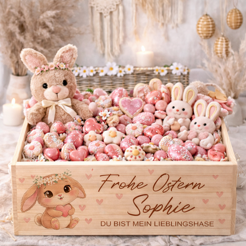 Personalisiertes Osterkörbchen aus Holz mit Name 40x30x15 cm Osternest Mädchen Frohe Ostern Lieblingshase