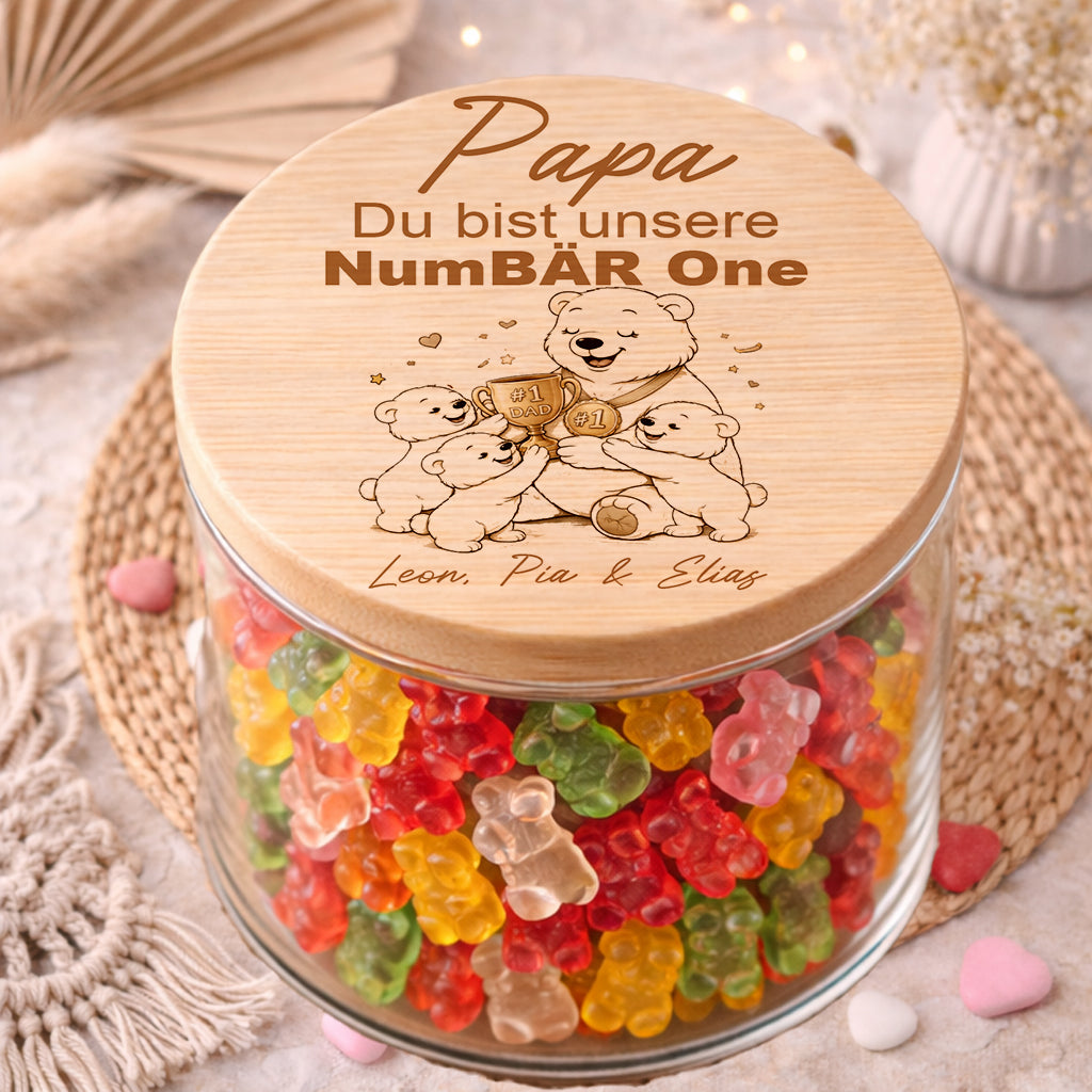 Papa Geschenk von 3 Kindern personalisiert Vorratsglas NumBÄR One mit Namen
