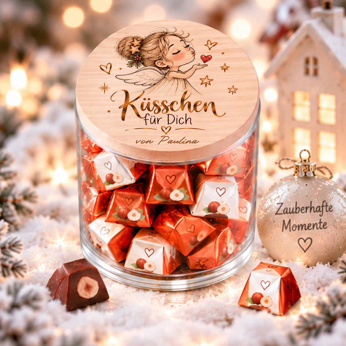 Personalisiertes Küsschen für Dich Glas mit Engel und Name als kleines Weihnachtsgeschenk
