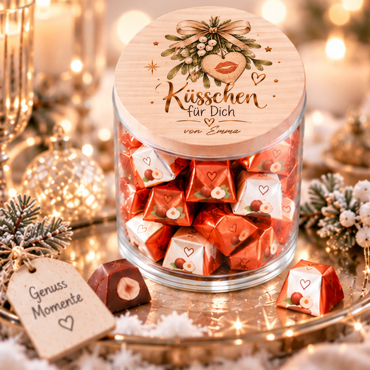 Persönliches Weihnachtsgeschenk mit Namen – Küsschen für Dich Vorratsglas mit Mistelzweig auf Holzdeckel