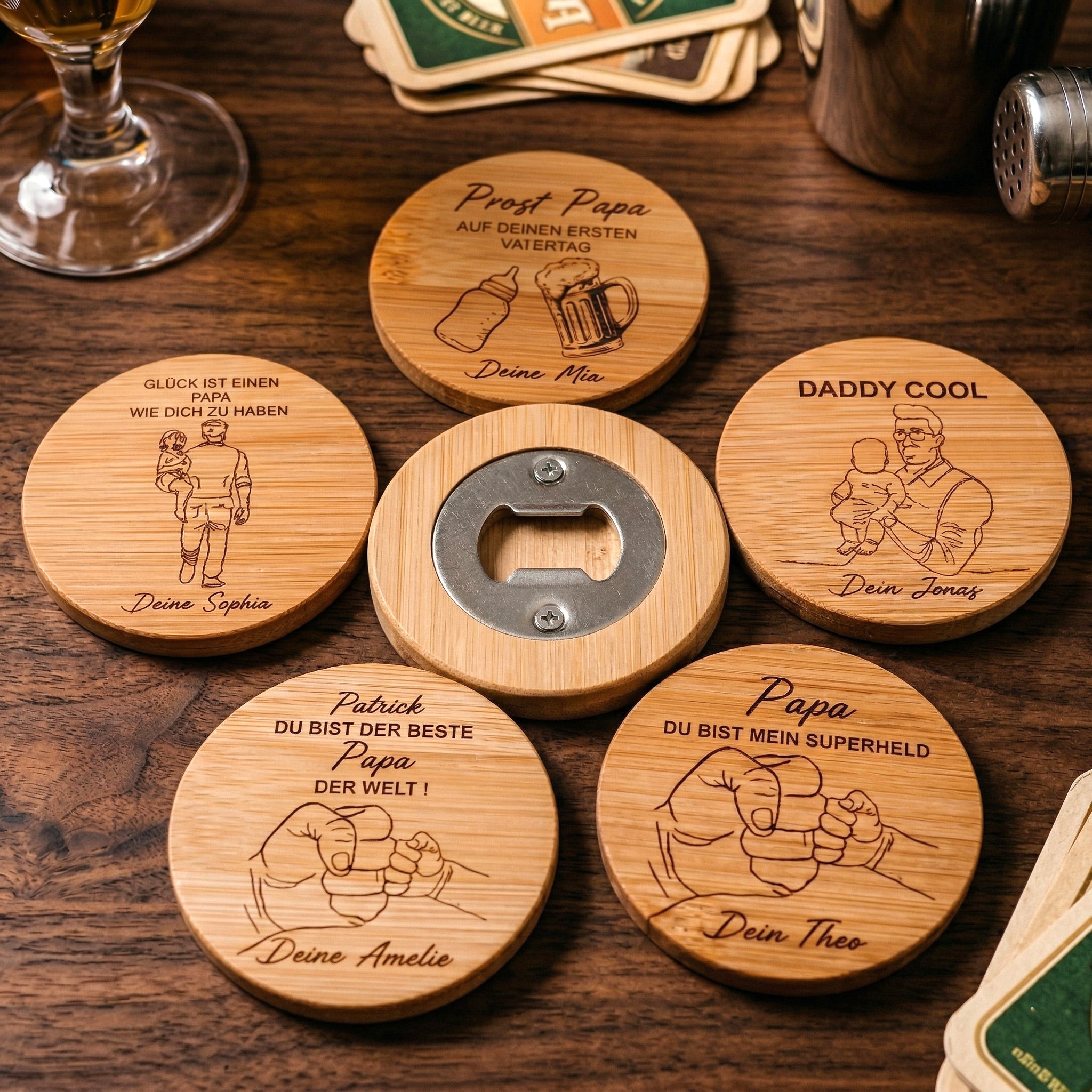 Bieraccessoires für Papa – personalisierte Bierdeckel und Flaschenöffner