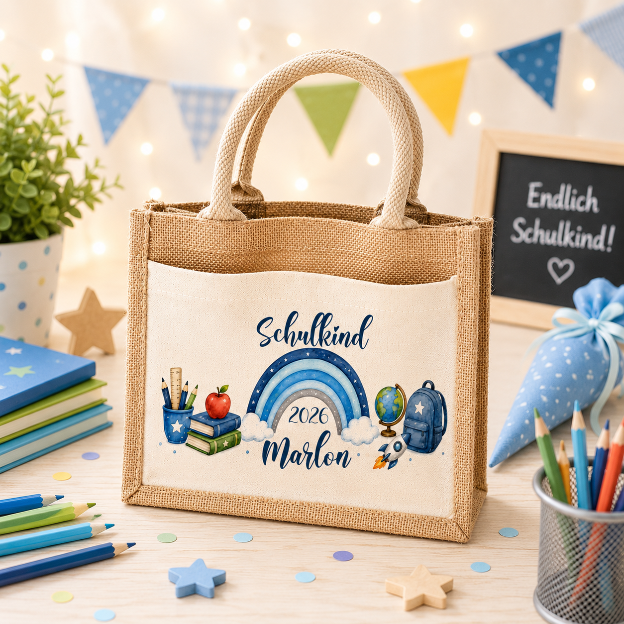 Personalisierte Jutetasche für Jungen mit blauem Regenbogen, Schulranzen und Wunschname. Hochwertiges Geschenk zur Einschulung und praktischer Begleiter für den Schulstart.