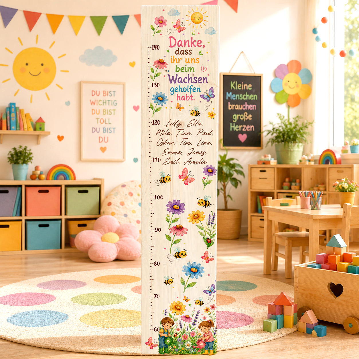 Personalisierte Holz Messlatte mit Blumenwiese, Schmetterlingen, Bienen und allen Kindernamen als emotionales Abschiedsgeschenk für Erzieherinnen im Kindergarten