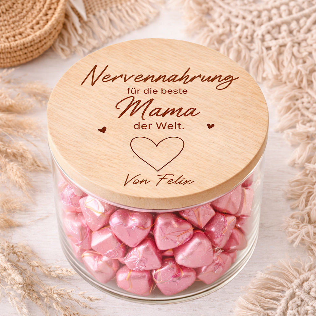Personalisiertes Vorratsglas Nervennahrung für die beste Mama der Welt Geschenk für Mama mit Name und Herzmotiv