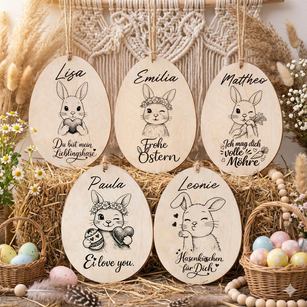 Personalisierte Ostereier aus Holz Osteranhänger mit Namen Osterdeko personalisiert Ostergeschenk Kinder Familie Boho Holz Osterei