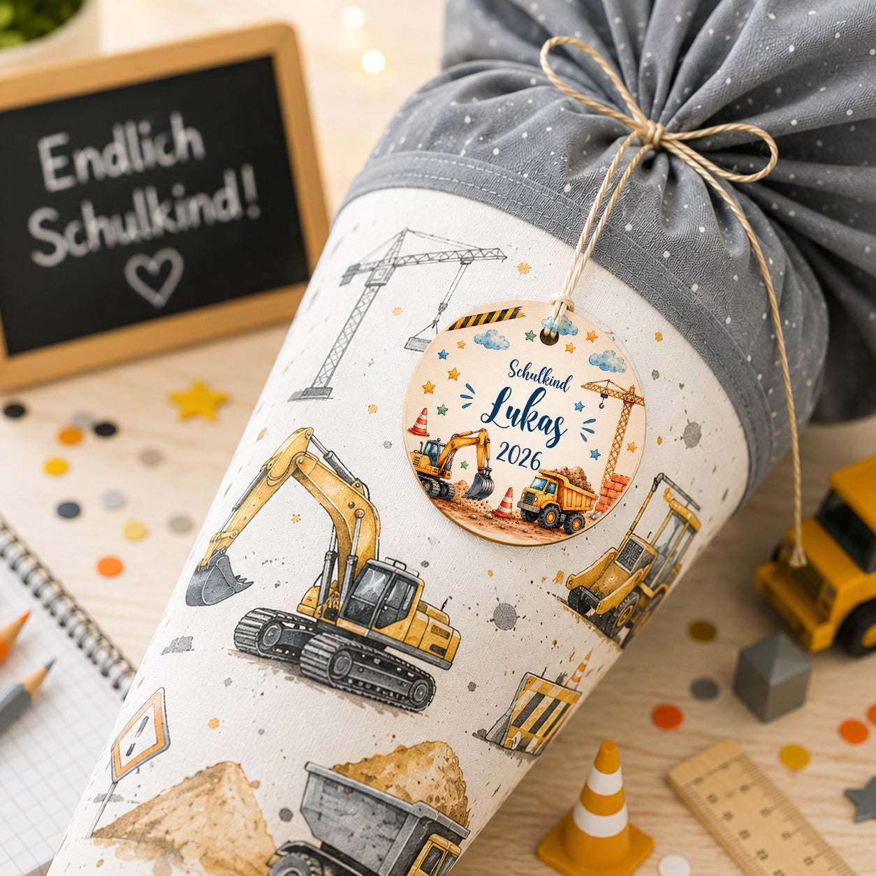 Personalisierter Schultütenanhänger aus Holz mit Bagger, Kran, Kipplaster und Wunschname. Baustellen Geschenk zur Einschulung für Jungen.