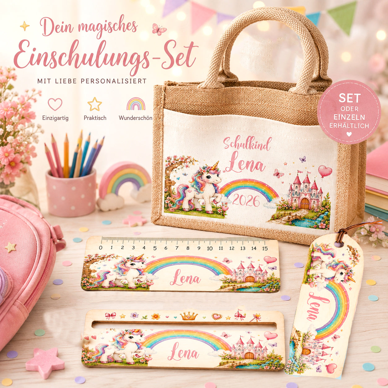 Personalisiertes Einschulungs-Set mit Namen bestehend aus Lesehilfe, Holzlineal, Lesezeichen und Jutetasche mit Einhornmotiv. Individuelles Geschenk zur Einschulung für Mädchen und Jungen, Set oder einzeln erhältlich.