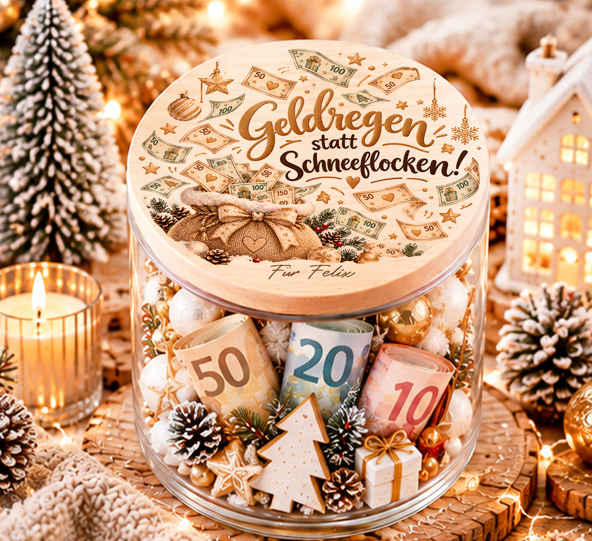 Personalisiertes Geldgeschenk zu Weihnachten im Glas mit Spruch Geldregen statt Schneeflocken