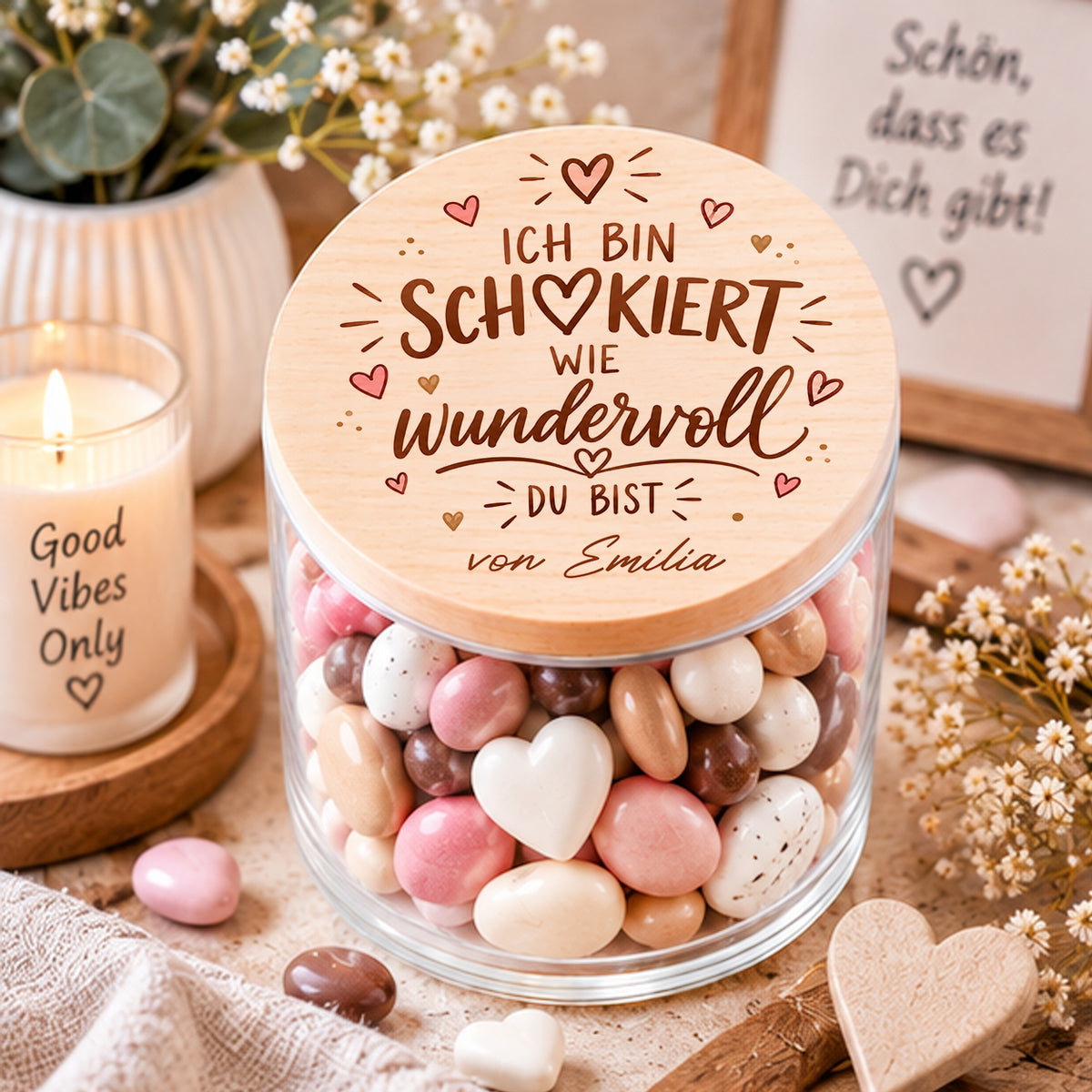 Personalisiertes Geschenk für Freundin – Vorratsglas mit Holzdeckel, Namen und Spruch „Ich bin schokiert, wie wundervoll du bist“