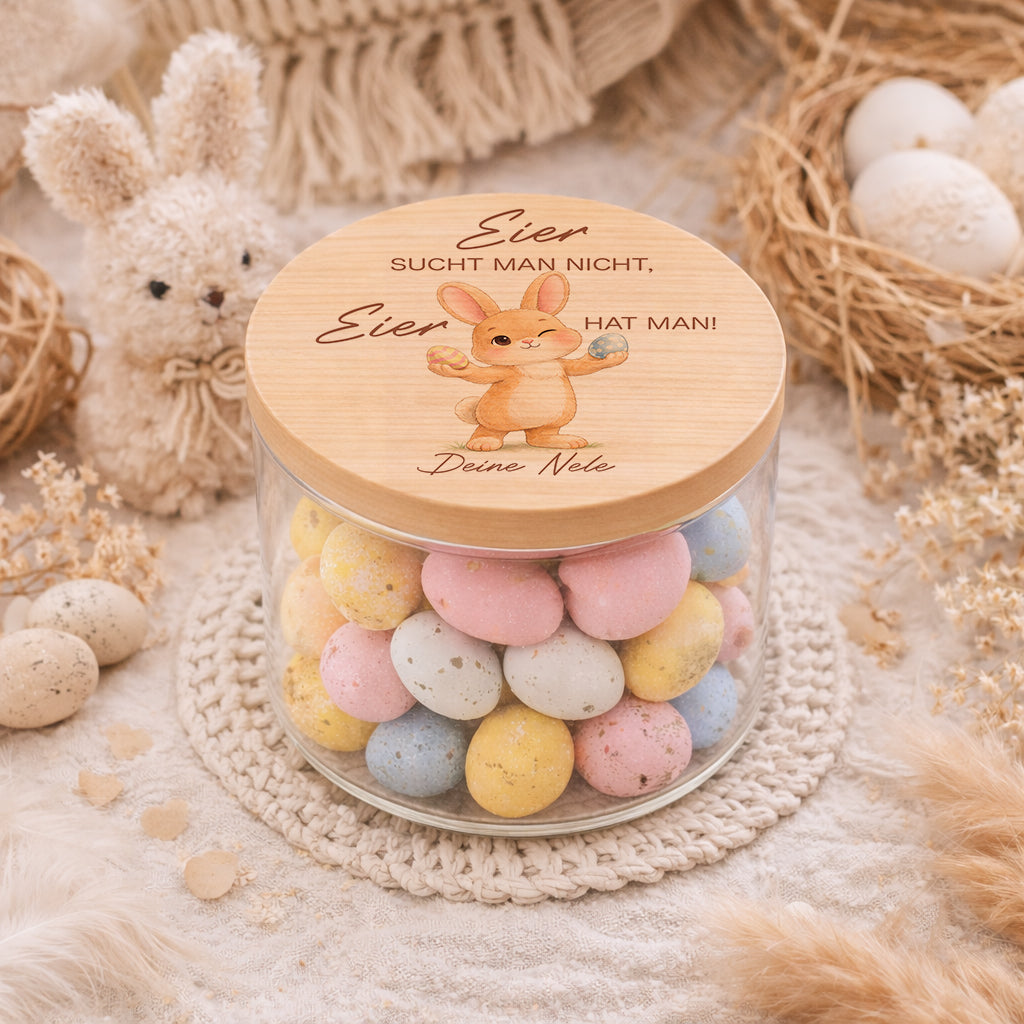 Detailaufnahme personalisiertes Ostergeschenk Glas mit Osterhase