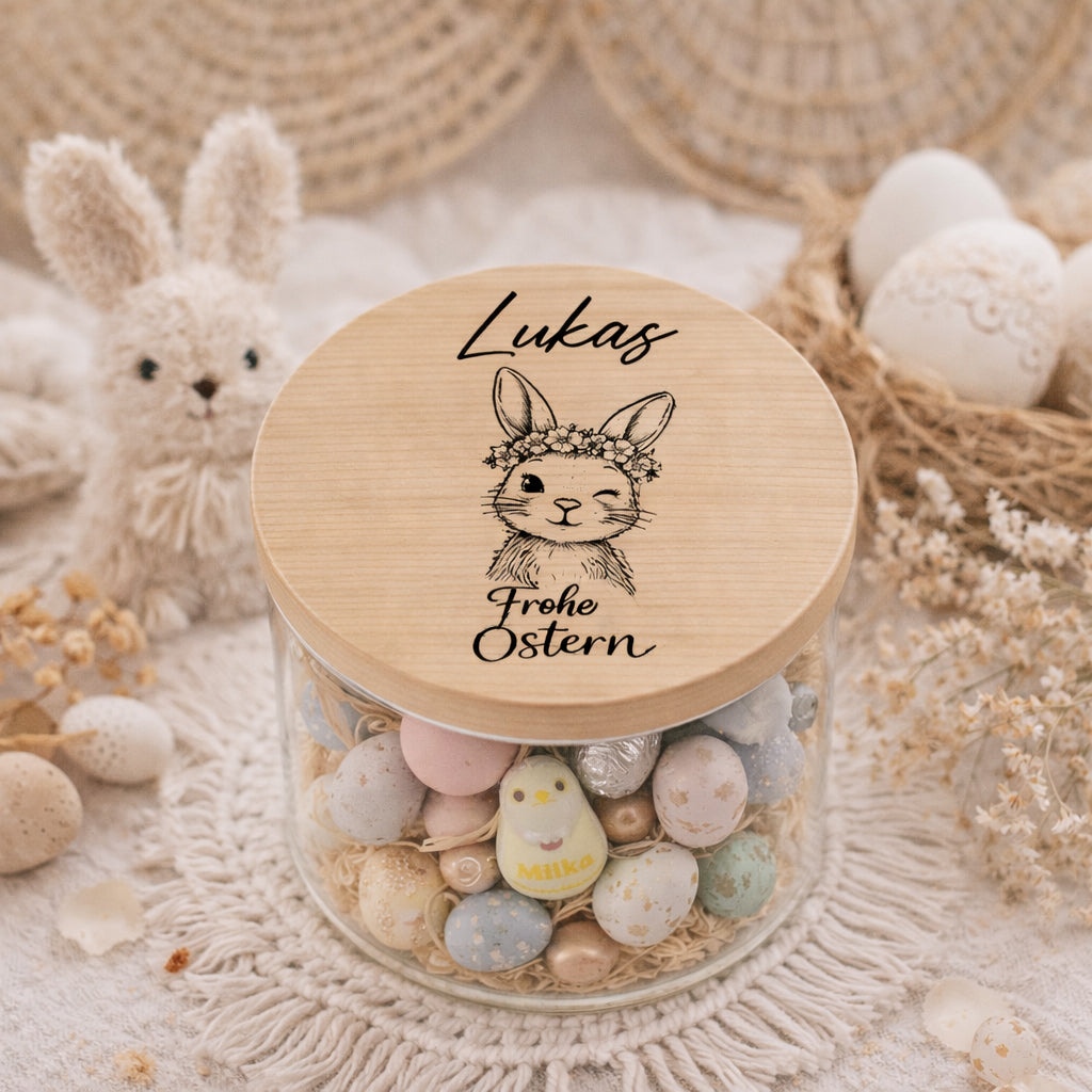 Personalisierte Osterdeko Vorratsglas mit Holzdeckel und Hasenmotiv