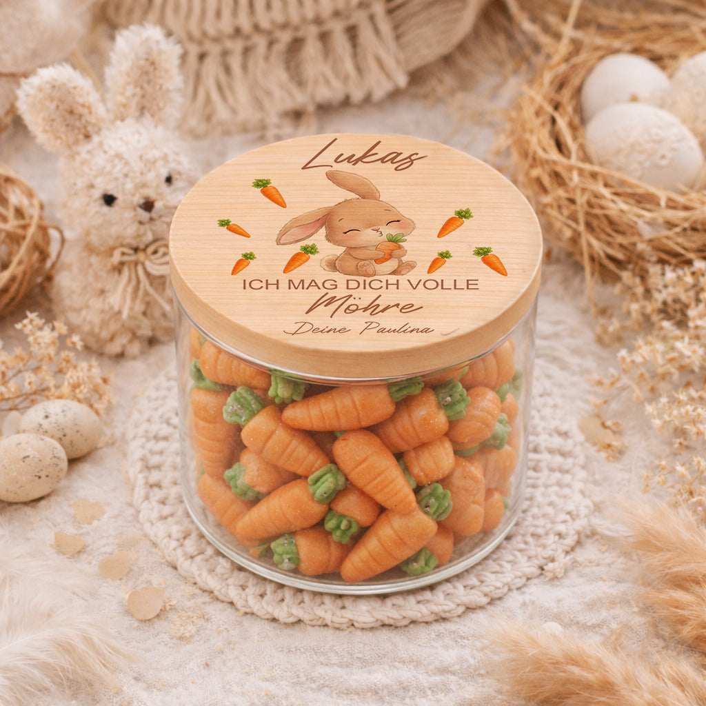 Vorratsglas zu Ostern mit Holzdeckel, Osterhase und individueller Gravur