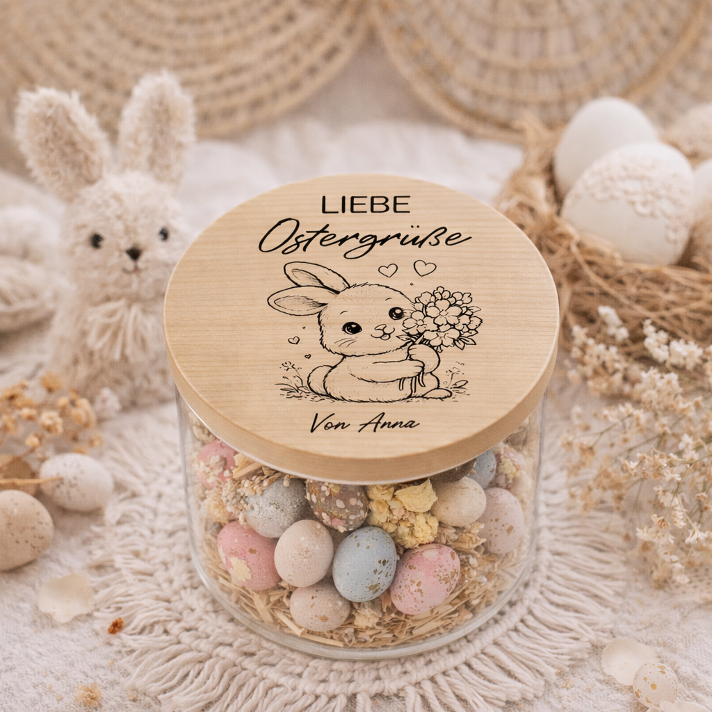 Personalisiertes Ostergeschenk Vorratsglas mit Holzdeckel und Hasenmotiv als Osternest zum individuellen Befüllen