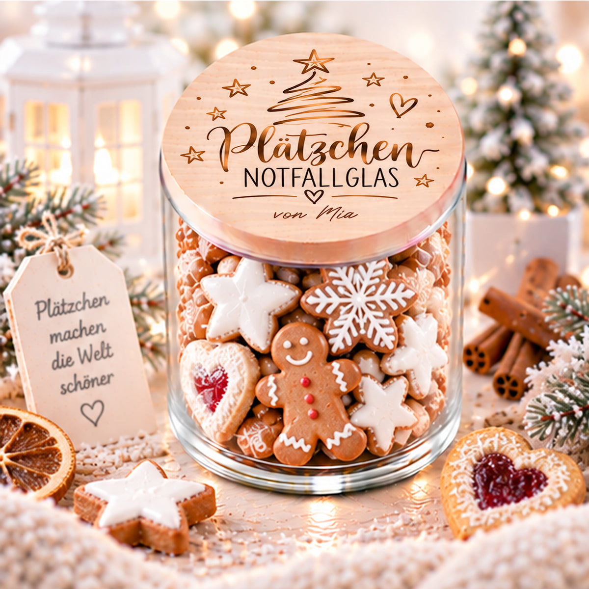 Personalisiertes Plätzchen Notfallglas mit Holzdeckel als Keksglas und Weihnachtsgeschenk