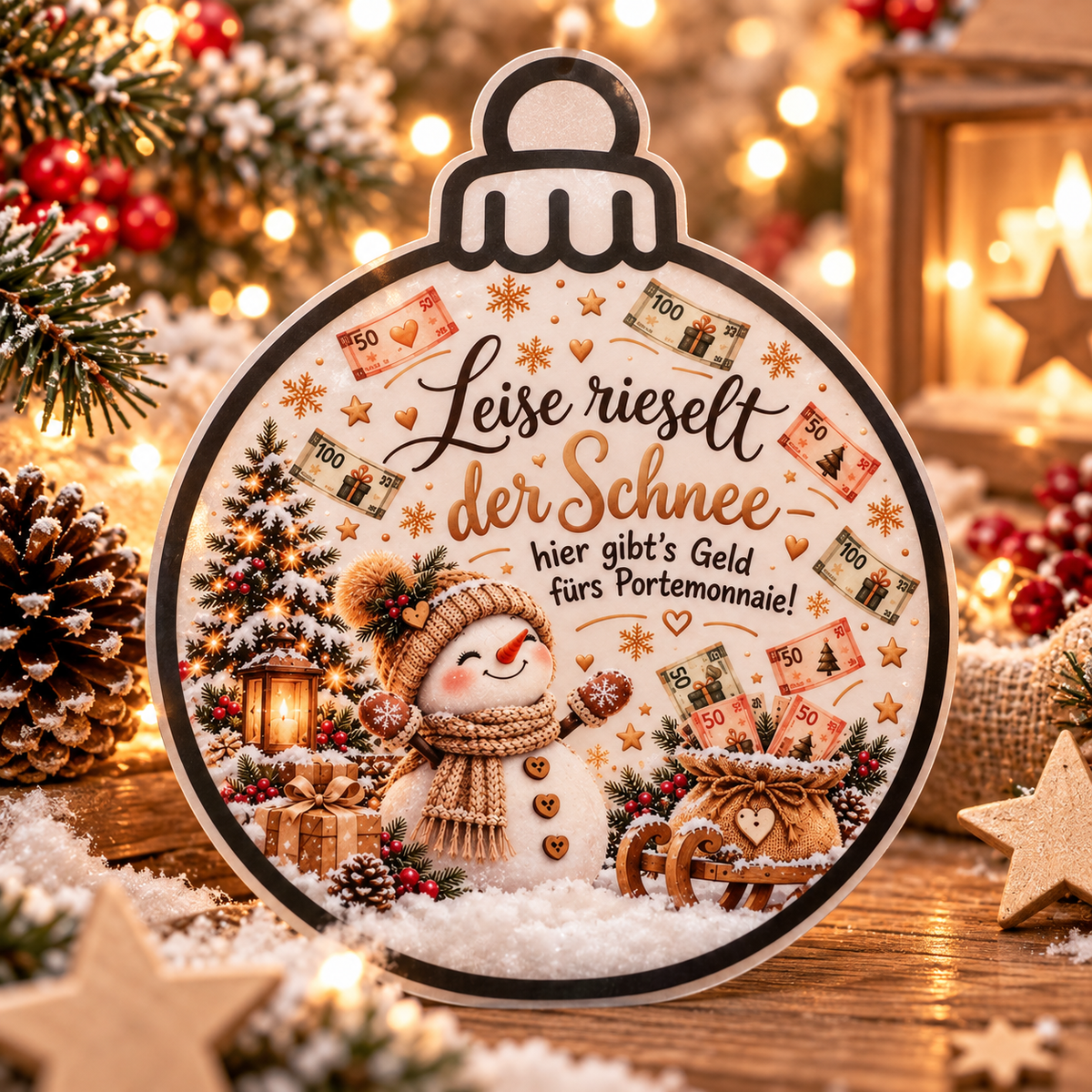 Weihnachtskugel Schüttelkarte mit Schneemann und Geldgeschenk-Spruch als digitale Druckvorlage