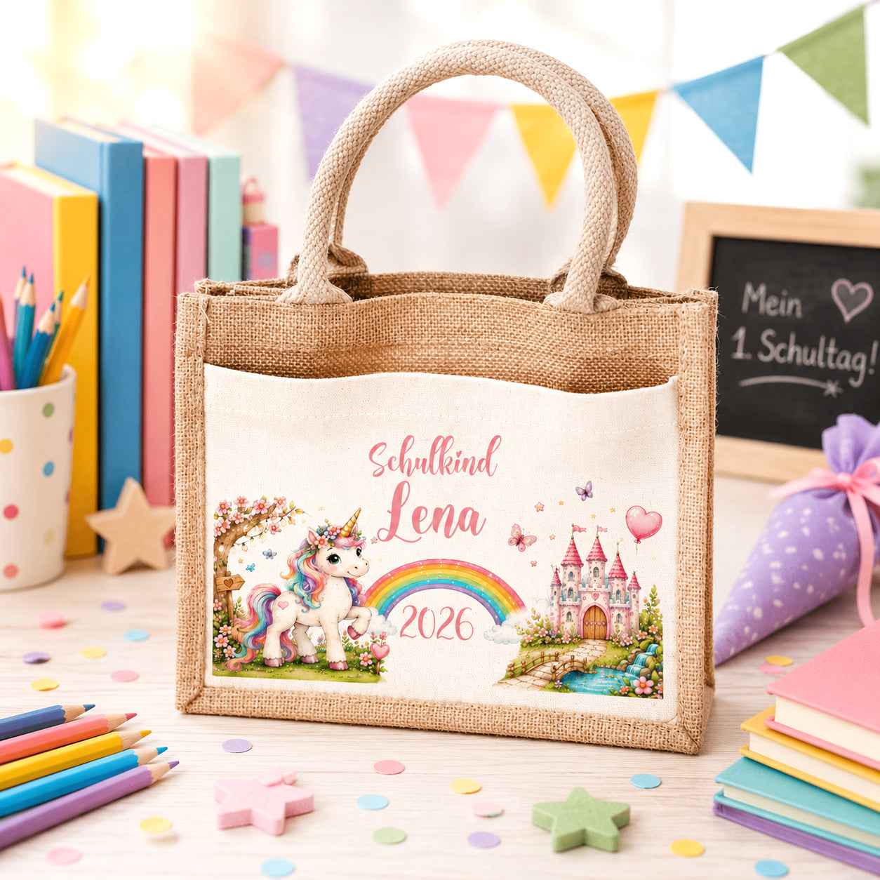 Personalisierte Jutetasche mit Einhornmotiv und Namen für die Einschulung. Hochwertige Tasche für Schulkind, Bücherei und Freizeit als liebevolles Geschenk zum ersten Schultag.