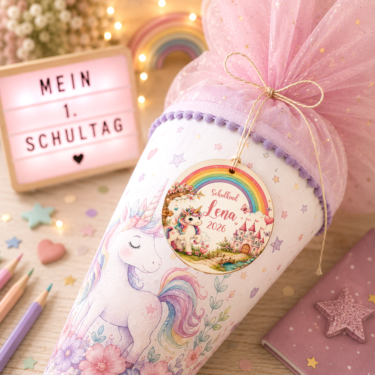 Personalisierter Schultütenanhänger aus Holz mit Einhorn, Regenbogen, Märchenschloss und Wunschname. Liebevolles Geschenk zur Einschulung 2026 für Mädchen. Schultüte nicht im Lieferumfang enthalten.