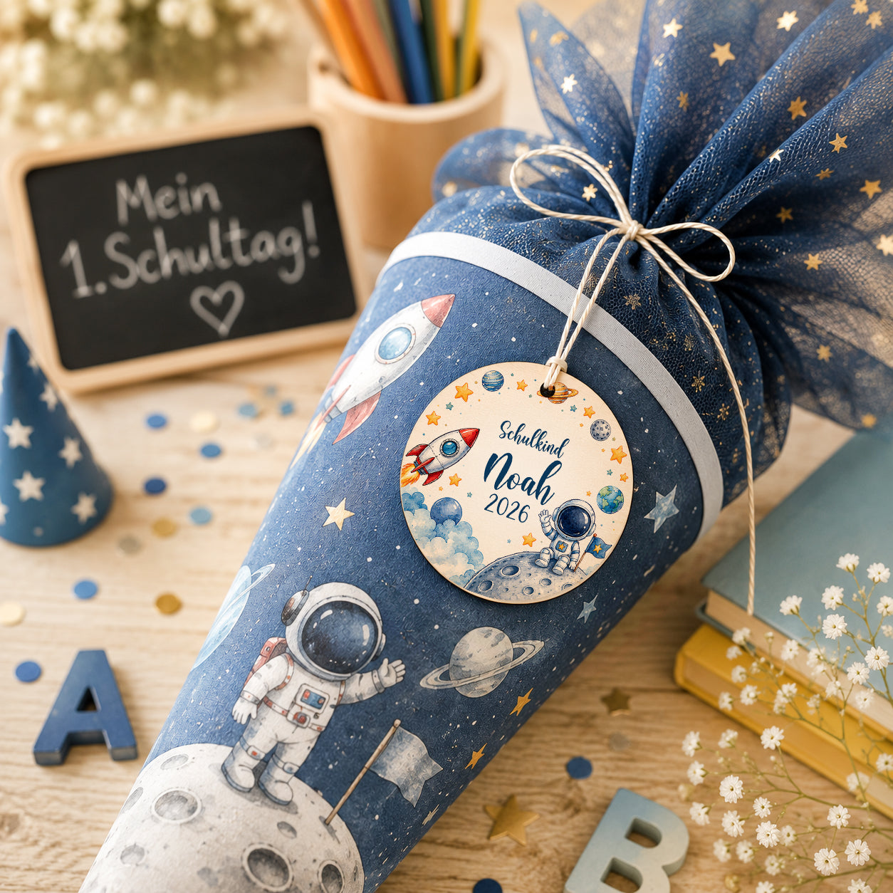 Personalisierter Schultütenanhänger aus Holz mit Astronaut, Rakete, Mond und Weltall-Motiv. Individuell mit Wunschname gestaltet – Geschenk zur Einschulung