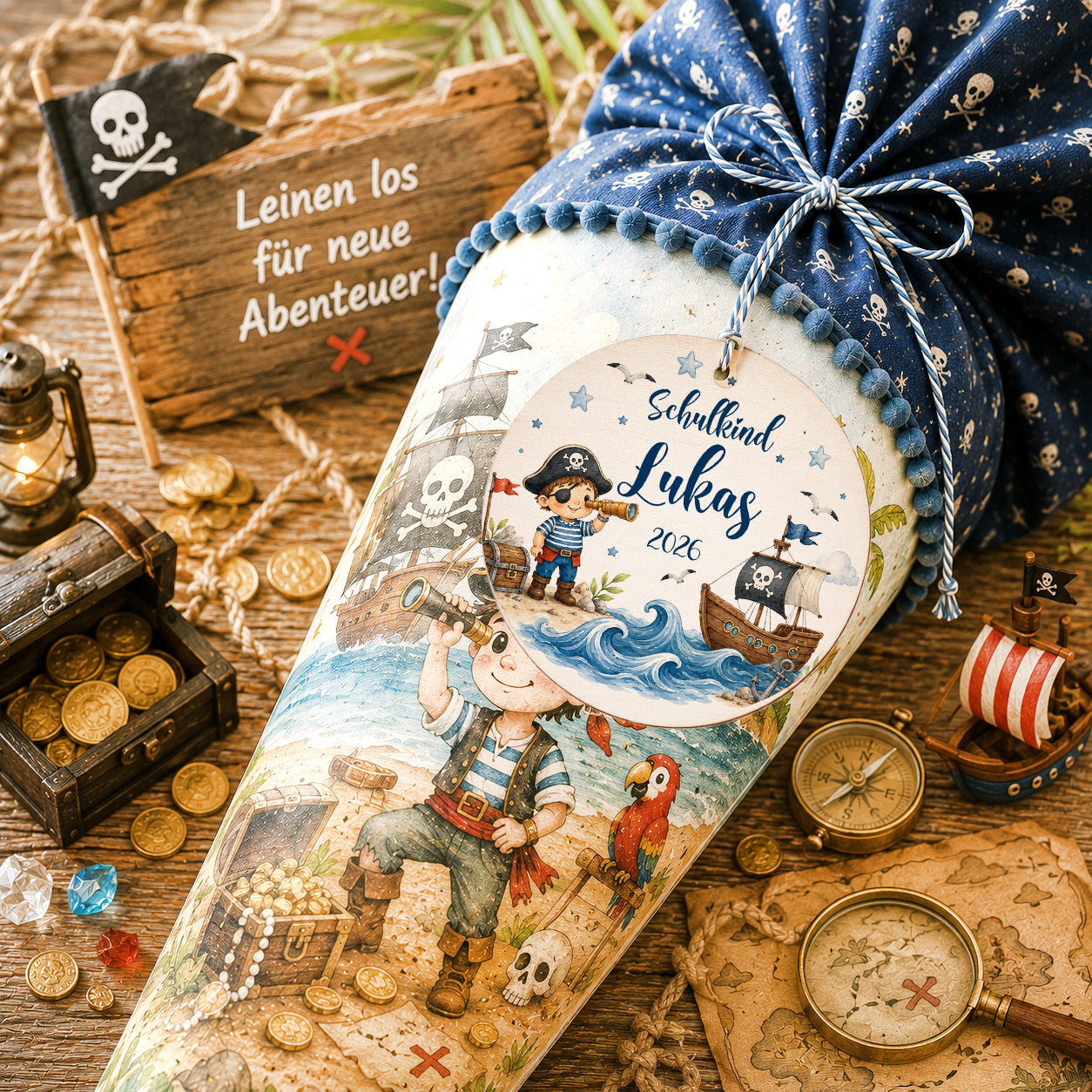 Personalisierter Schultütenanhänger aus Holz mit Pirat, Piratenschiff, Schatztruhe, Papagei und Wunschname. Abenteuerliches Geschenk zur Einschulung