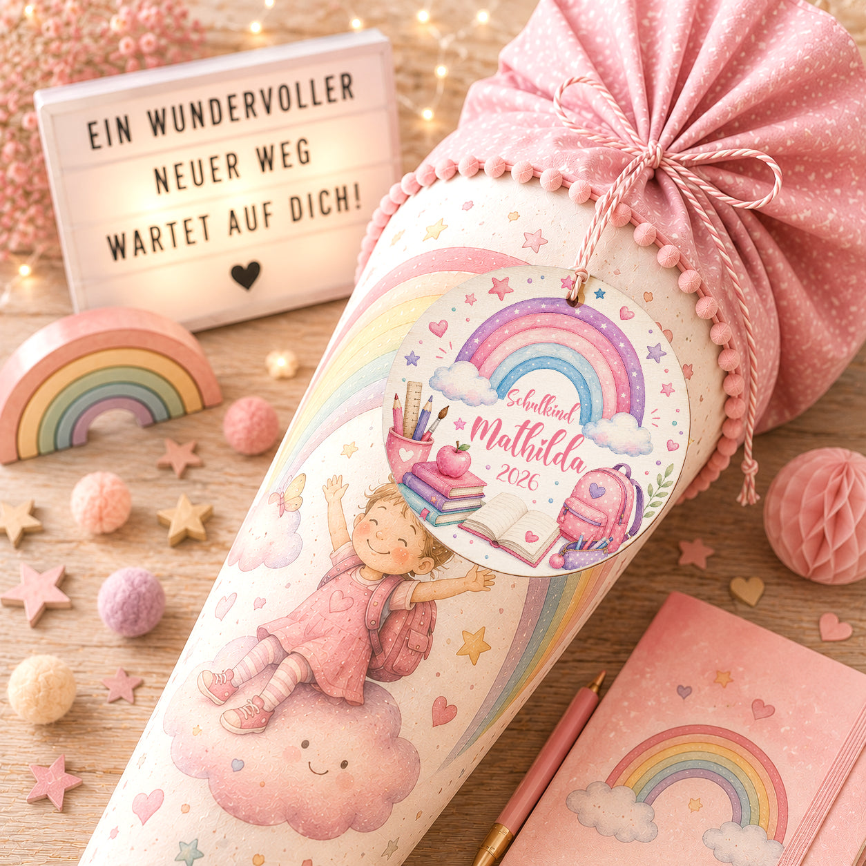Personalisierter Schultütenanhänger aus Holz mit rosa Regenbogen und Wunschname. Individueller Anhänger für die Schultüte als Erinnerung an die Einschulung. Schultüte nicht im Lieferumfang enthalten.