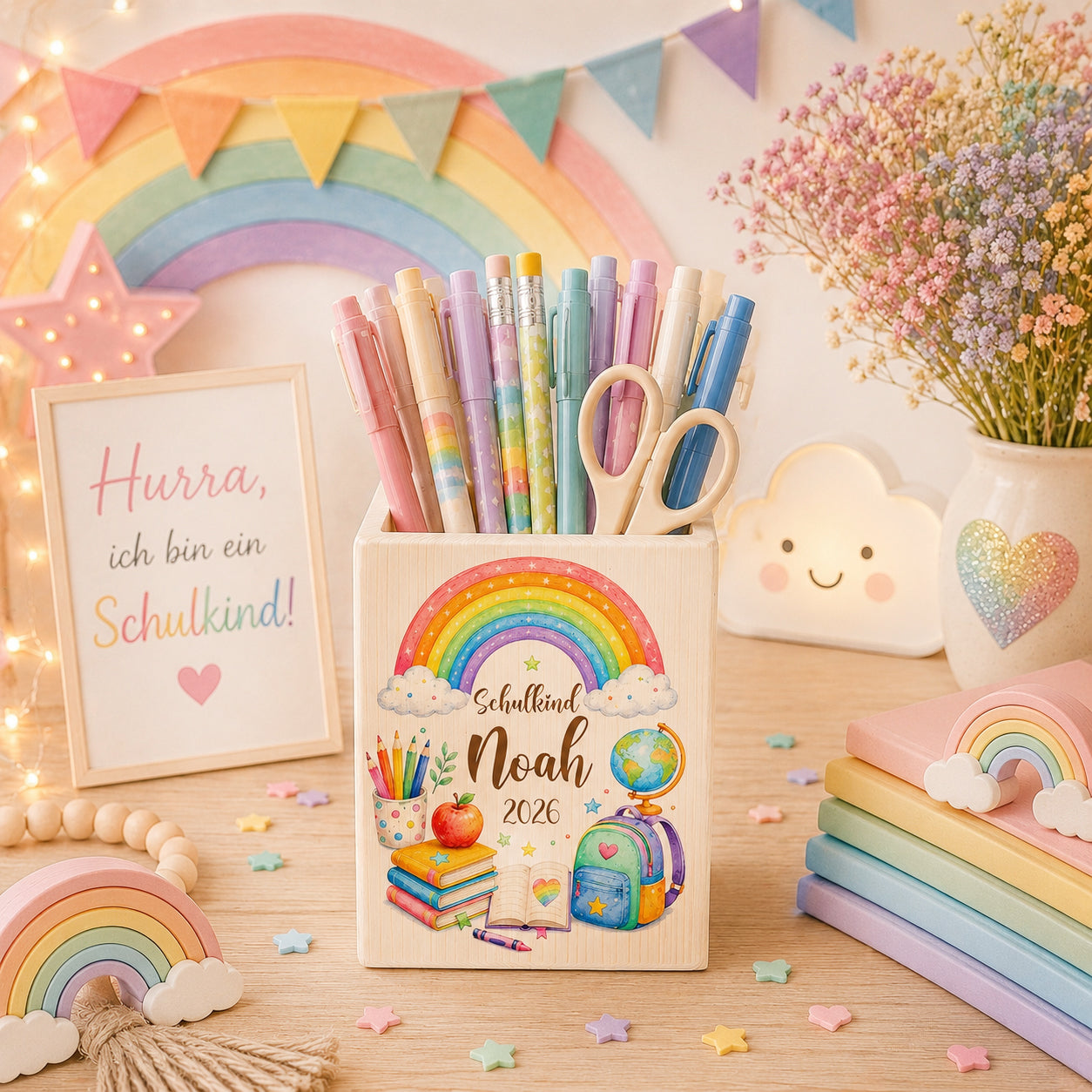 Personalisierter Stiftehalter aus Holz zur Einschulung mit Regenbogen, Schulmotiv, Wunschname, Schulkind und aktueller Jahreszahl. Schreibtisch Organizer für Jungen und Mädchen.